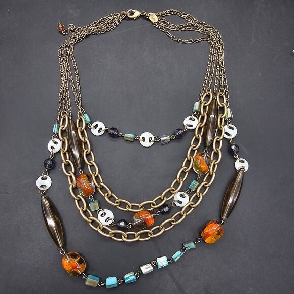 Lia Sophia St Lucia Multicolor Layered Bib Necklace Statement Orange Chain - Picture 7 of 8